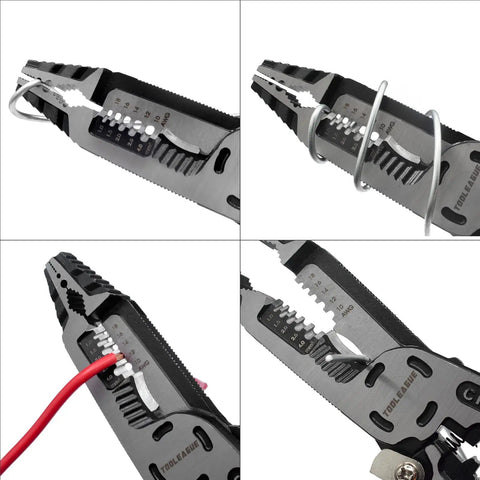 9-In-1 Wire Stripper Tool With Pliers And Cable Cutters showing close-up of cable cutting and stripping functions