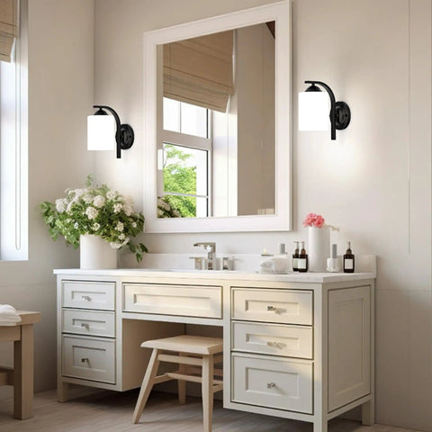 Top Tier Modern Farmhouse Wall Sconces With Solid Matte Black Frame And Soft Diffused Glass Shade Hardwired Vanity Light Fixture by mirror in bathroom.