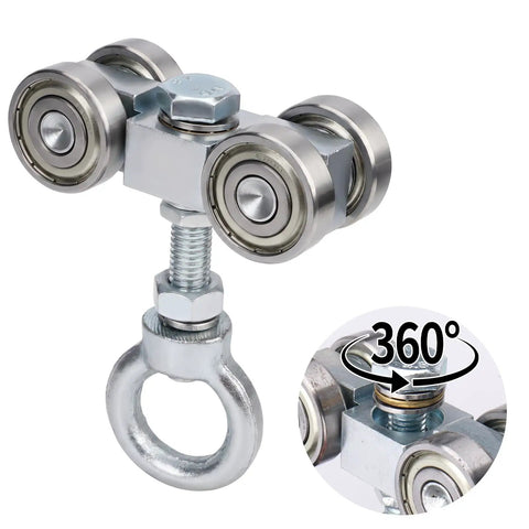 Four Wheel Strut Channel Trolley Hoist With 360 Degree Rotating Bearing Rollers For Heavy Duty Sliding Rail System, close-up view