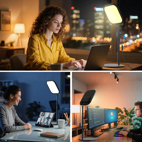 People using 10 Inch Ring Light for computer and video calls with stand and phone holder, eye safe 15W LED desk light at night