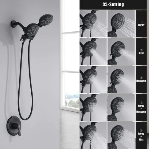 Matte Black Tub And Shower Faucet Combo With Dual Shower System wall mounted with spray, mist, and massage settings shown