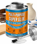 Heavy Duty Waterproof Super Glue Container With Built In Brush Applicator One Seventy Milliliter Size on a table with various objects.