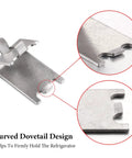 Close-up of a 32 Pack Refrigerator Shelf Clips Set For Freezer And Cooler Shelves, stainless steel with curved dovetail design.