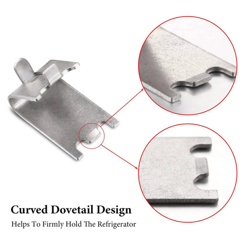 Close-up of a 32 Pack Refrigerator Shelf Clips Set For Freezer And Cooler Shelves, stainless steel with curved dovetail design.