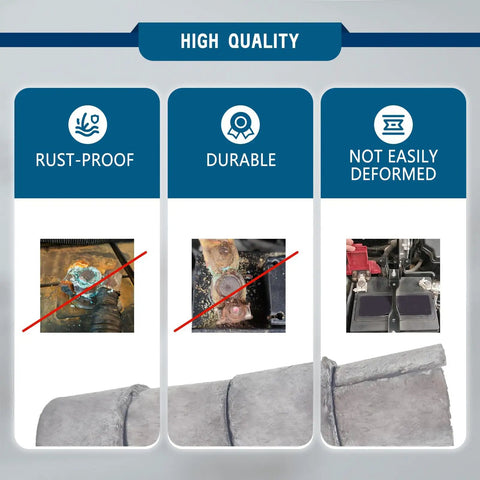 Universal Car Battery Terminal Shims 2 Pair Adapter Sleeves For Positive And Negative Posts Made From Heavy Duty Lead Alloy, showcasing rust-proof and durable features.