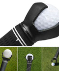 End Of Putter Golf Ball Picker with Triple Claw Grip for all putters, showing close-up on black handle and golf ball grasped.
