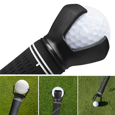 End Of Putter Golf Ball Picker with Triple Claw Grip for all putters, showing close-up on black handle and golf ball grasped.