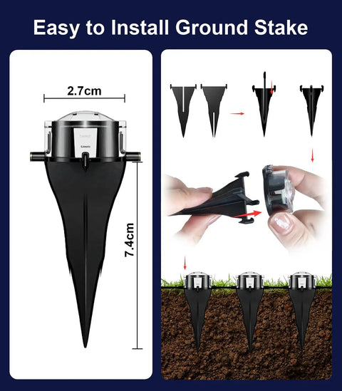 Diagram showing easy-to-install ground stake, with measurements and step-by-step instructions for setup, hands demonstrating assembly.