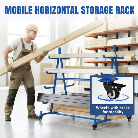 Man using Beefy Heavy Duty Lumber Storage Rack With Wheels, 5 Tier Cantilever Design For Long Item Storage in workshop