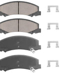 Front view of four-piece ceramic brake pad set with hardware; four gray friction-surface pads and metal clips