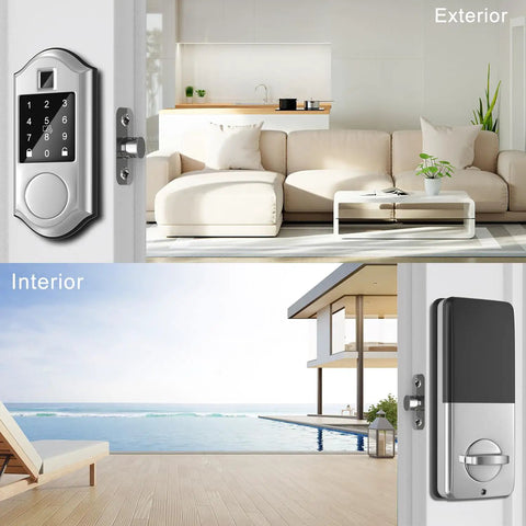 Keyless Front Door Lock With Fingerprint And Touchscreen Keypad, App Control, Auto Lock, Satin Nickel Finish installed on door