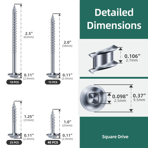 Pocket Hole Screws Kit 95Pcs With 150mm Drill Bit And Magnetic Driver Bit, detailed dimensions of #8 self tapping wood screws