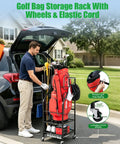 Man using Three Tier Golf Bag Storage Rack For Garage Keeps One Bag Plus Extra Clubs Shoes Balls Towels And Accessories Pro Style Gear Organizer