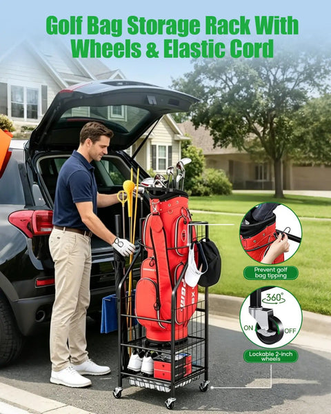 Man using Three Tier Golf Bag Storage Rack For Garage Keeps One Bag Plus Extra Clubs Shoes Balls Towels And Accessories Pro Style Gear Organizer