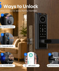 Next Level Smart Door Lock With Onboard Video Doorbell And Quick Fingerprint Access for 5 unlock methods illustrated.