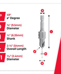 Built Tough 82 Degree Carbide Tipped Countersink Tapered Drill Bit One Quarter Inch Hex Shank for Wood Screws dimensions infographic.