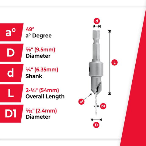 Built Tough 82 Degree Carbide Tipped Countersink Tapered Drill Bit One Quarter Inch Hex Shank for Wood Screws dimensions infographic.