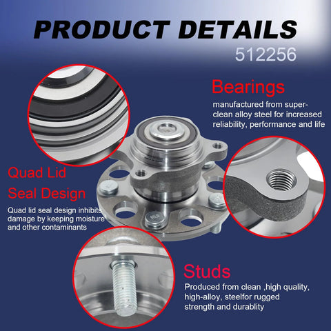Rear Wheel Bearing Hub Assembly For Honda Civic 2006-2011 And Acura CSX 2006-2011 Beefed Up Rear Left Or Right 5 Lug Bolt On Replacement 512256 product details with focus on bearings, quad lid seal design, and studs.