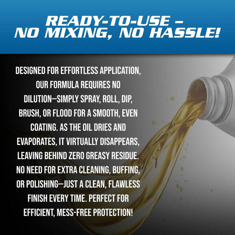 EvapLube 2200 Heavy Duty Penetrating Oil pouring from container with text highlighting ease of use and grease-free finish