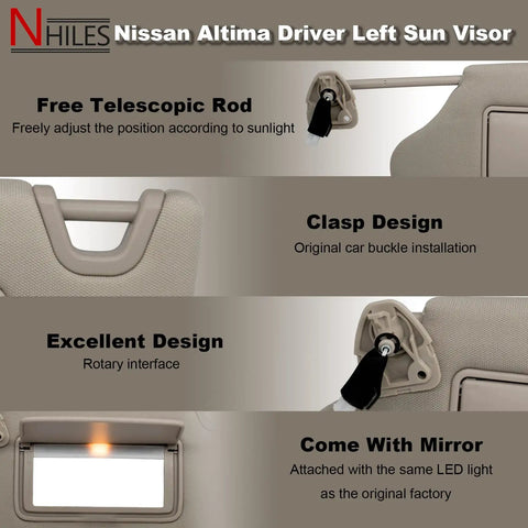 Left Driver Side Sun Visor For Nissan Altima 2013-2018 With Built-In Light Beige Direct Replacement Non OEM Without Sunroof Part 96401-3TA2A features diagram