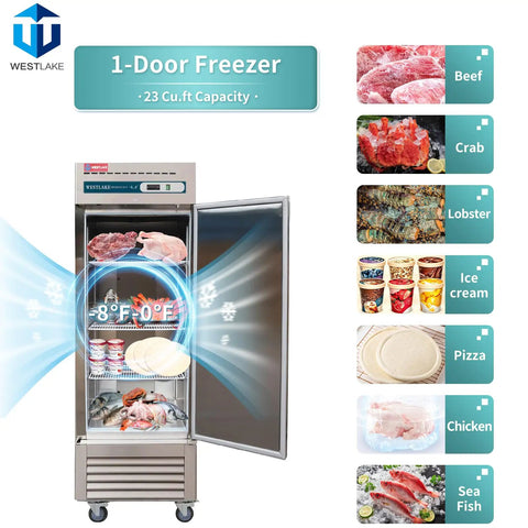 Heavy Kickass Workhorse 27 Inch Wide Commercial Freezer Upright Reach In Single Solid Door 23 Cu Ft Cold Storage with seafood and ice cream.