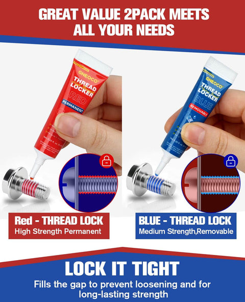 Applying Blue And Red Thread Locker Set 6ml Each Two Pack With Medium And High Strength Seals For Nuts Bolts And Metal Fasteners