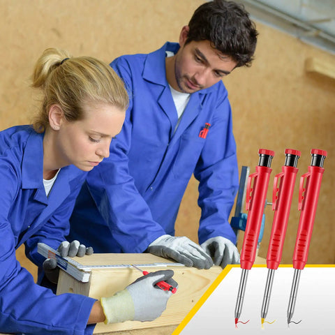 Carpenters using Three Pack Long-Nosed Carpenter Mechanical Pencils With Built-In Sharpener, 36 Refills in woodworking project.