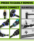 Quick connect T connectors of All In One Drip Irrigation Kit With 100 Ft Hose And 360 Degree Nozzles For Gardens Lawns Plants Flower Beds Trees And Patios Includes T Connectors And Closeable Nozzles For Hydroponics Easy Setup And No Mess