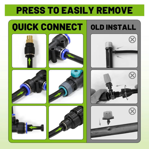 Quick connect T connectors of All In One Drip Irrigation Kit With 100 Ft Hose And 360 Degree Nozzles For Gardens Lawns Plants Flower Beds Trees And Patios Includes T Connectors And Closeable Nozzles For Hydroponics Easy Setup And No Mess