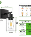 Specifications of Two Pack Black Vanity Wall Sconces Modern Industrial Wall Lighting With Clear Glass Shades, dimensions and details.