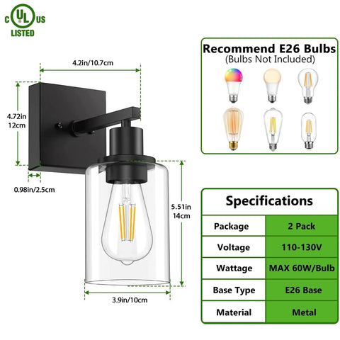 Specifications of Two Pack Black Vanity Wall Sconces Modern Industrial Wall Lighting With Clear Glass Shades, dimensions and details.