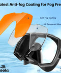 Diagram of Adult Snorkel Diving Mask With Nose Cover For Men Women Teens Anti Fog Waterproof 180 Degree Clear Wide View Mirrored Orange Lenses showing components