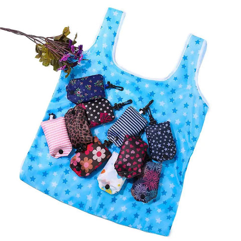 Foldable Reusable Grocery Tote Bags Six Pack for Easy Shopping and Travel, 190T polyester, pocket-sized with various patterns