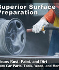 Person using 100 Grit Aluminum Oxide Sand Blasting Media For Metal Surfaces Pro Grade Heavy Duty Long Lasting High Hardness Abrasive Powder For Industrial Sandblasting 12 Lb Bag on a metal wheel