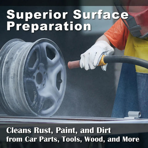 Person using 100 Grit Aluminum Oxide Sand Blasting Media For Metal Surfaces Pro Grade Heavy Duty Long Lasting High Hardness Abrasive Powder For Industrial Sandblasting 12 Lb Bag on a metal wheel