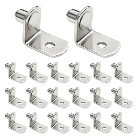 Rock Solid Heavy Duty Metal Shelf Pegs Rust Proof Support Pins For Wood Shelving Smooth Burr Free Coating Durable 30 Piece Pack angle view of stainless steel shelf pegs.