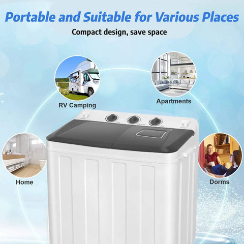 Portable Twin Tub Washing Machine With 19 Pound Washer And 11 Pound Spinner Dryer Featuring A Heavy Duty Drain Pump for tight spaces and RV camping.