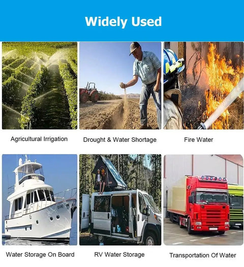 Scenes of water use: irrigation, drought relief, fire fighting, boating, RV camping, and truck transport, related to water storage solutions.