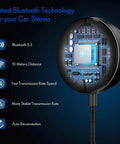 Close-up of Bluetooth Car Kit With Wireless Aux Receiver highlighting circuit board and Bluetooth 5.3 features in a blue background.