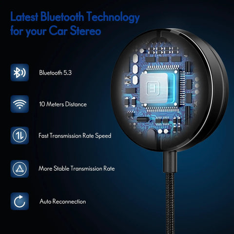 Close-up of Bluetooth Car Kit With Wireless Aux Receiver highlighting circuit board and Bluetooth 5.3 features in a blue background.