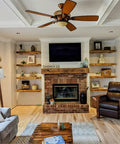 Living room with built-in wood shelves, brick fireplace, and modern decor showcasing 4 Pack Floating Shelf Brackets Built Tough For Real Use.