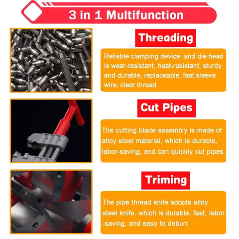 Heavy Duty Electric Pipe Threader Machine For 1/2 To 3 Inch Gas Water Pipes NPT Dies Automatic Retraction 110V parts for threading, cutting, and trimming.