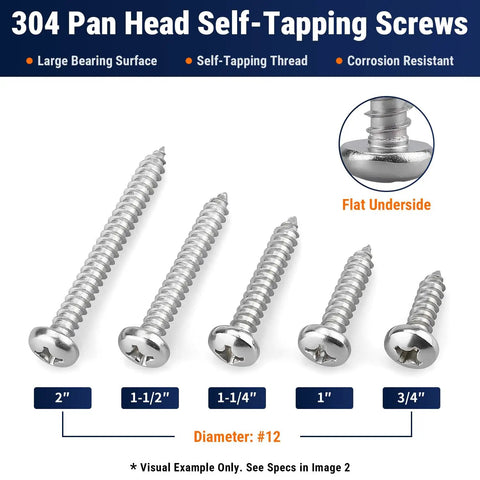 Hella Tough 304 Stainless Steel Phillips Pan Head Wood Screws 12 X 1 Inch Self Tapping Hardware 50 Pack displayed in various lengths.