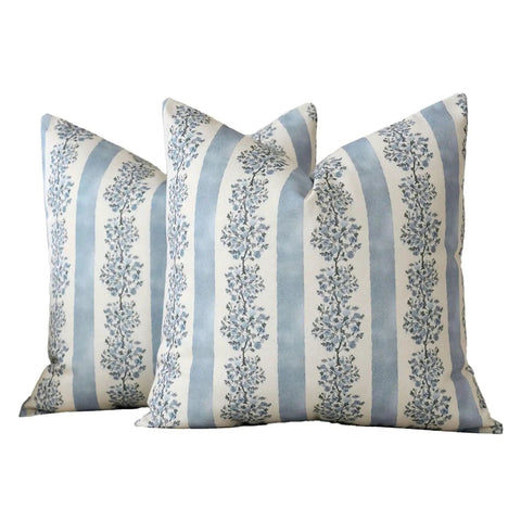Floral Throw Pillow Covers 18x18 Inch Set Of 2 Light Blue Floral Block Print Decorative Pillow Covers For Couch Sofa Bed Living Room Neutral Farmhouse Boho Cozy Home Decor Cover Only, shown on two pillows