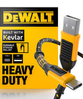 Beefy Kevlar Reinforced USB A To Type C Cable, Ultra Rugged Jobsite Tough Charger Cord, close-up on connectors and packaging