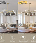 Lit Brushed Brass Sputnik Chandelier With Adjustable Hanging Arms Industrial Flush Mount Ceiling Light Fixture For Living Room Vintage Gold Finish Modern Pendant Lamp in a kitchen setting, shown turned on and off showcasing warm glow.