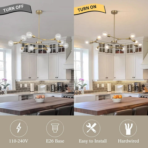 Lit Brushed Brass Sputnik Chandelier With Adjustable Hanging Arms Industrial Flush Mount Ceiling Light Fixture For Living Room Vintage Gold Finish Modern Pendant Lamp in a kitchen setting, shown turned on and off showcasing warm glow.