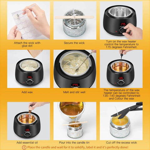 Step-by-step guide for Complete DIY Candle Making Kit With Digital Soy Wax Melt Warmer, featuring temperature settings and pouring wax.