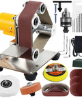 Compact Mini Belt Sander Pack A Punch With Quick Adjust Speed Dial, features variable speed control and accessories for versatile use.