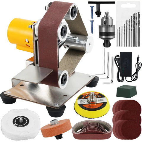 Compact Mini Belt Sander Pack A Punch With Quick Adjust Speed Dial, features variable speed control and accessories for versatile use.